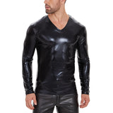 Toloer Men's Soft Lacquer Leather T-Shirt V Neck Long Sleeve Bright Leather Coat No Odor Size Accurate-Outfit