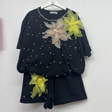 Set European Dress Design Butterfly Set Drill Short Sleeve T-Shirt Blouse Woman + Tight Waist Broad Leg Shorts Two