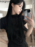 Shirts for Women Summer Tshirts Turtleneck Short Sleeve Folds Tees Crop Tops Vintage Fashion Temperament Folds T-shirts-Outfit