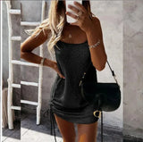 Women Solid Dress Sling Backless Drawstring Round Neck Sleeveless Sheath Sort Package Hip Dresses Lace Up Casual 2023-Outfit
