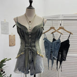Real-Hand Shot Vintage Babes With Thaired Hairy Denim Sling Vest Short Umbilly Sleeveless Top