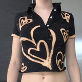 Graduation party Women Solid Basic Polo T-shirts Retro Love Print Button Lapel Umbilical Short-sleeve Cropped Top with Pocket 2022 Summer