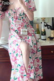 Summer Printed Dress French Retro Square Neck Floral Dress Female 2023 Summer New Puff Sleeve Long