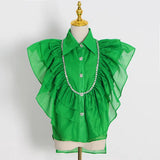 Casual Shirt For Women Lapel Sleeveless Solid Patchwork Ruffle Trim Blouses Female Summer Clothing Style New