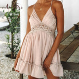 Bohemian Halter Mini Sundress Sweet Girl White Lace Dress Women Backless Sleeveless Beach Dress Mujer Vestidos