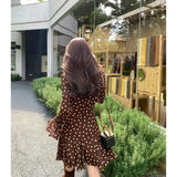 Design-Sensitive Cocoa Wave Point Slashing Trumpet Sleeves Wave Dot Dress In Autumn