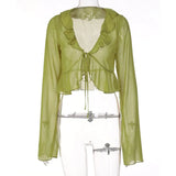Fashion Boho Ruffle Blouse See-Through Lace V-Neck Tops For Women Long Sleeve Summer Shirt Party Beach Cropped Top