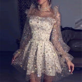 2022 Summer Women Sexy Mini Party Dress Long Sleeve See Through Mesh Sequin Short
