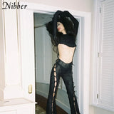 Y2k Harajuku Pure Color Flare Pants Women Summer Sexy Tulle Perspectivity Hollow Out Bandage Fashion Streetwear 2022