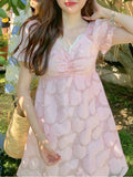 Sweet Elegant Dress Women French Evening Party Mini Dresses Kawaii Lace V-neck Puff Sleeve Korean Fashion Dress Summer