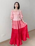 Patchwork Sashes Colorblock Dress For Women Slash Neck Short Sleeve High Waist Midi Dresses 2023 Summer Fashion
