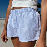 Women's Y2K Vintage Retro Shorts Button Front Casual Elastic Low Waist Plaid/Striped Print Lounge Short Pants-Outfit