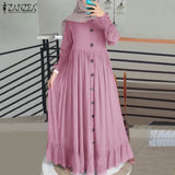 Casual Solid Puff Sleeve Ladies Kaftan Sundress ZANZEA Vintage Chiffon Dress Women 2023 Spring Ruffle Maxi Vestidos 703-1-Outfit