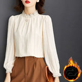 and Winter Women's Pullover Half High Neck Solid Button Bright Silk Spliced Petal Bubble Long Sleeve T-shirt Chiffon Tops-Outfit