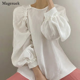 Loose Summer women Tops 2021 Long-sleeved O-neck Temperament Shirt Ruffle Fashion Shirt Casual Solid Color Blouse