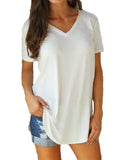 Summer Autumn Large Sizes Women T-shirt Solid V Neck long Short Sleeve Rounded Hem Long tshirt Casual Top female
