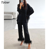 Elegant Black Feathers Lapel Shirts Elastic Waist Pants Suits Women 2023 Spring Two Piece Sets Autumn Loose Casual