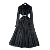 Retro Elegant Dress Women Winter High Hook Lace Splicing Mesh Yarn Irregular Knee