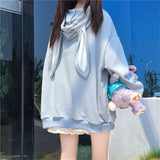Lolita Mori Girl Harajuku Kawaii Hoodie With Long Rabbit Ear Cap Women Cute Bear Print Thin Sweatshirt Street Fashion