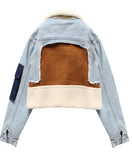 Casual Blue Turndown Collar Fleece Patch Denim