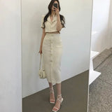 Korea Elegant Lapel Thin Tweed Small Suit Short Jacket + High Waist Chic Button Slim Womens Two Piece Skirt Sets Summer 425-0-Outfit
