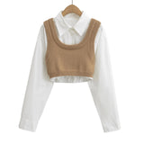 Autumn 2 pieces 1 set Knitted Rib Pullovers Sweater Vest + Lapel Full Sleeve Shirt Elastic Hem Crop Top Suits Knitwear-Outfit