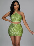 Sequins Halter Crop Top and Mini Skirt Two Piece