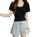 With Drawstring T-Shirt For Girls Summer New Retro French Style Collar Temperament Collar Collar Short Sleeve Top In