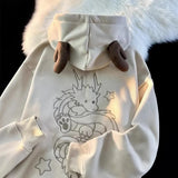 trendy brand Year of the Dragon embroidered hoodie men jacket loose autumn and winter oversize couple velvet sweatshirt-Outfit