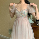 Pink Kawaii Dress Women Party Outing High Waist Elegant Sweet Dress Female Korean Puff Sleeve V-Neck Vintage Causal