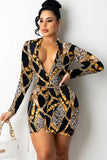 Print Retro V-Neck Mini Bodycon