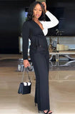 White and Black Contrast V-Neck Blouse and Pants 2 Piece Formal