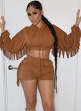 Solid Fringe Tassel Cropped Hoodies and Match Shorts Two Piece