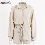 Tracksuit Women 2020 Casual Lounge Wear Shorts Set Long Sleeve Blouse Tops And High Waisted Mini Shorts Two Piece
