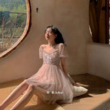 Pink Kawaii Dress Women Party Outing High Waist Elegant Sweet Dress Female Korean Puff Sleeve V-Neck Vintage Causal