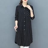 Korean Midi Striped Print Shirt for Female Turn-down Collar Single-breasted Fashion Long Sleeve Blouse Women's Clothing-Outfit