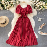 Vintage Square Collar Pleated Dress Women Spring Summer 2021 New Fashion Yellow/Blue/Red High Waist Bandage Party Vestidos