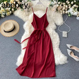 Style Sexy V-neck Slit long Dress Women's Summer elegant Plain Lace-up Waist Dress Office
