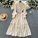 High-End Retro Lace Splicing Pearl Single Buckle Thin Temperament Collar Lantern Sleeve