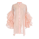 Casual Ruffle Trim Shirt For Women Stand Collar Flare Sleeve Solid Button Through Blouse Female Fashion Clothes