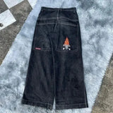 Hip-Hop Rock Embroidered Loose Jeans Y2k Street Retro Harahara Wide-Legged Straight Trousers-Outfit