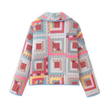 Autumn Winter Pink Geometric Flower Print Lapel Quilted Coat Ethnic Women Quilting Full Sleeve Oversized Jacket Outerwear-Outfit