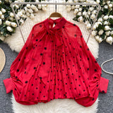 Top Spring Fashion Bow Tie With Lantern Sleeves Long Sleeves Loose Shirt