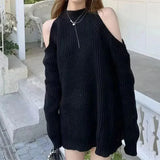 Women Halter Solid Thick Knitted Tops Splice Full Sleeve Mid Length Pullovers Regular Hollow Out Loose Sweaters Autumn Winter-Outfit