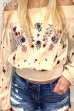 Fashion Boho Style Floral Embroidery Blouses Women Holiday Chic Off Shoulder Pullover Shirts Female Long Sleeve Loose