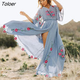 Embroidered Women Maxi Dress V-Neck Batwing Sleeve Loose Oversize Summer Dresses Drawstring Waist Boho Beach