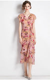 Retro Niche Design Drawstring Print V-Neck Dress Summer Women's Pocketed Fishtail Skirt
