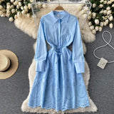 Autumn Spring Shirt Dress Women Embroidery Hollow Out Turn Down Collar Long Lantern Drawstring Casual Midi Dress