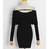 Solid Color Knitted Dress For Women Sexy Off Shoulder Long Sleeves Ruched Slim Fit Dresses Female 2022 Spring