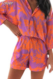 Woman Vintage Long Sleeve Shirt Two Peice Sets Print Shorts Suits Short Pants Suit Two Piece Set Female Casual